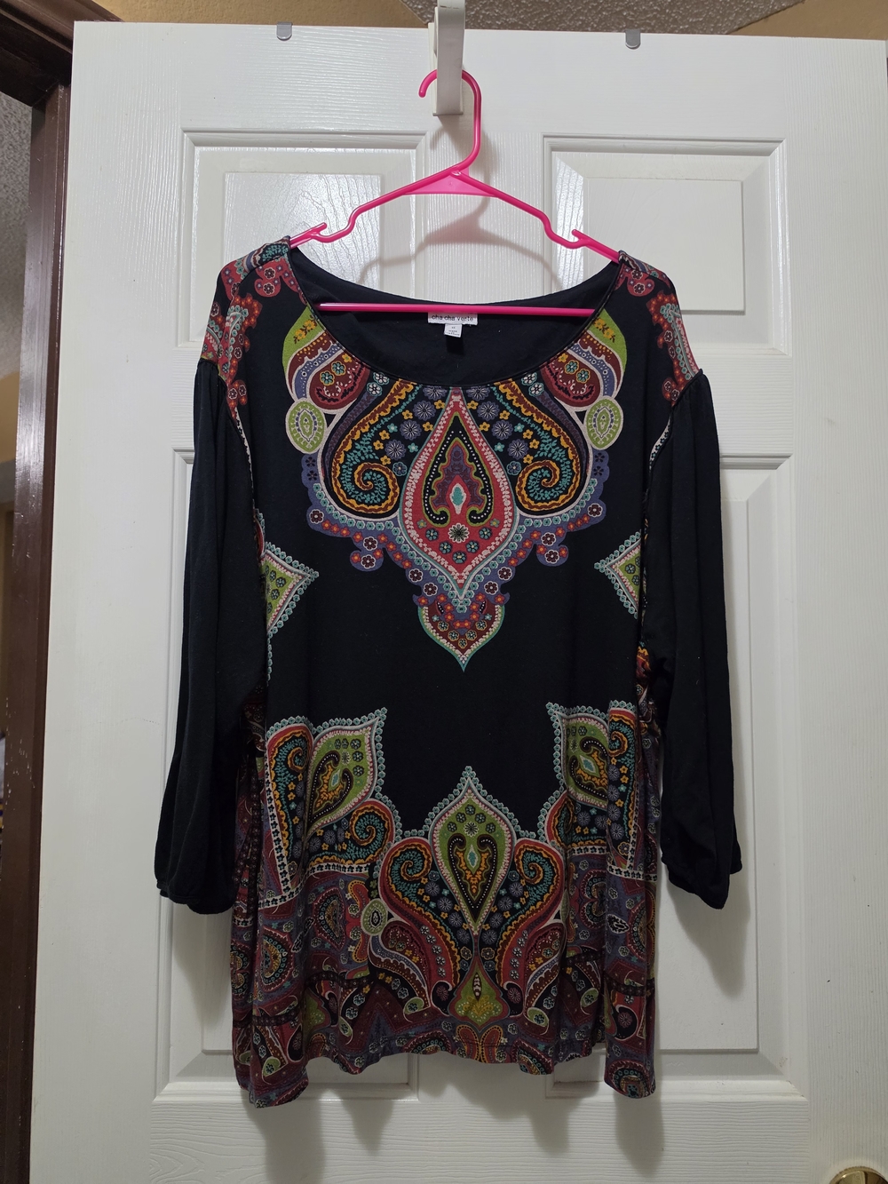 cha cha vente Black Paisley-Print Long Sleeve Scoop Neck Tunic Dress
